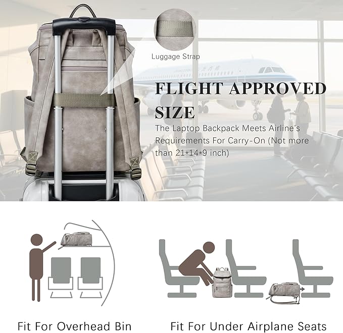 Leather Laptop Backpack for Women, 15.6 Inch Travel Backpack with Laptop Compartment, Casual Daypack Fashion Travel Backpack Purse for Travel College Work, Grey