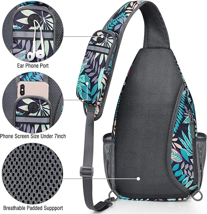 G4Free Sling Bag RFID Blocking Sling Backpack Crossbody Chest Bag Daypack for Hiking Travel(Blue Leaf)