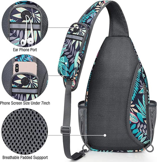 G4Free Sling Bag RFID Blocking Sling Backpack Crossbody Chest Bag Daypack for Hiking Travel(Blue Leaf)