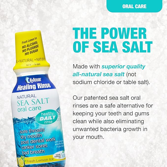 H2Ocean Healing Rinse Natural Sea Salt Oral Care - Mouth Rinse for Oral Care - Great for Piercings, Sore Throats & Gum Health - Alcohol- & Fluoride-Free Mouthwash - Lemon Ice, 8 oz