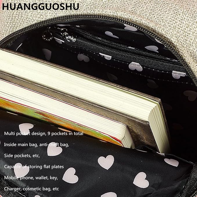 HUANGGUOSHU Women Cotton Woven Bohemian Hemp Boho Canvas Embroidery Multi Pocket Retro Cute Backpack Wallet Backpack Abstract Animal Motif