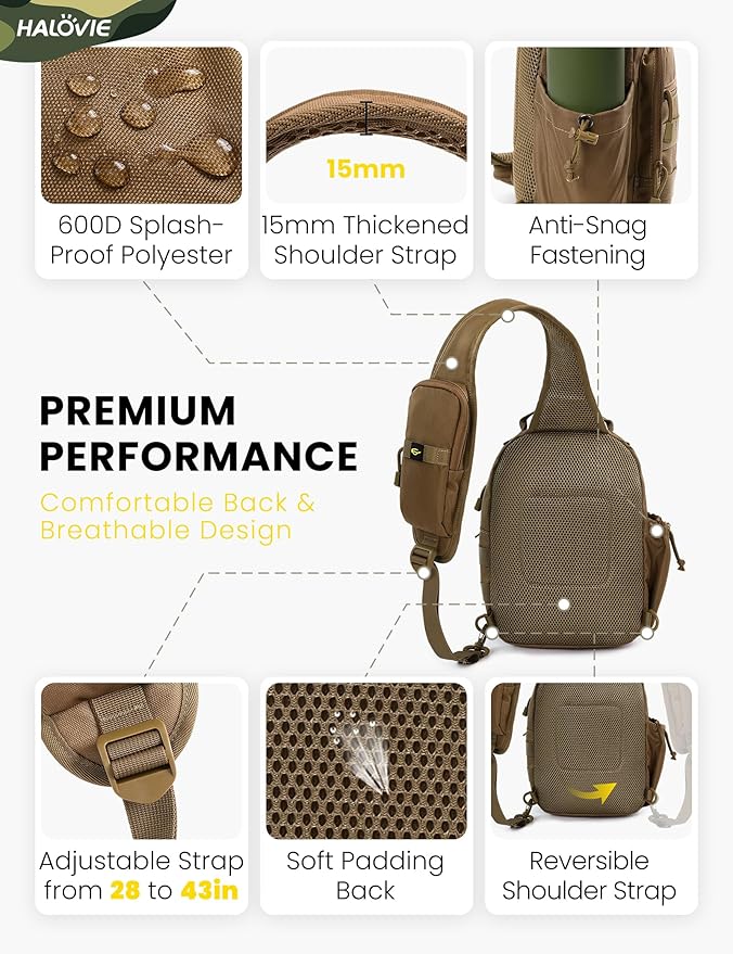 HALOVIE Anti-theft Tactical Sling Bag RFID Khaki Military Shoulder Bag with Phone Pack EDC Molle Crossbody Bag for men