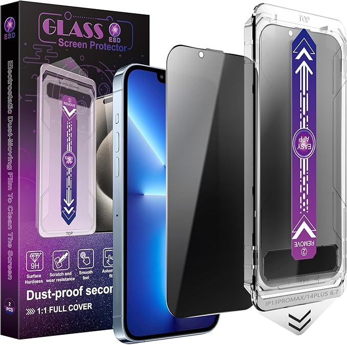 CHISHA 2-Pack Privacy Screen Protector for iPhone 13 Pro Max and iPhon 14 Plus 6.7-Inch, Auto Dust Removal, No Bubbles,Anti-Spy Tempered Glass Film, Easy Installation