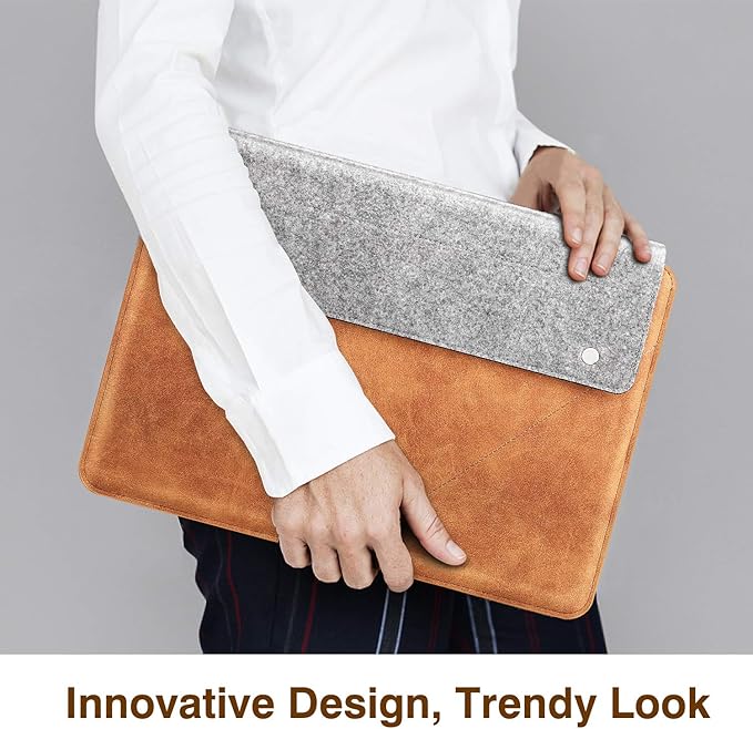 MoKo 13-13.3 Inch Laptop Sleeve Fits MacBook Pro 13" M2/M1, MacBook Pro 14", MacBook Air 13.3", iPad Pro 12.9", Surface Pro 9/8 13", Felt & PU Leather Case Bag with Pocket, Gray&Brown