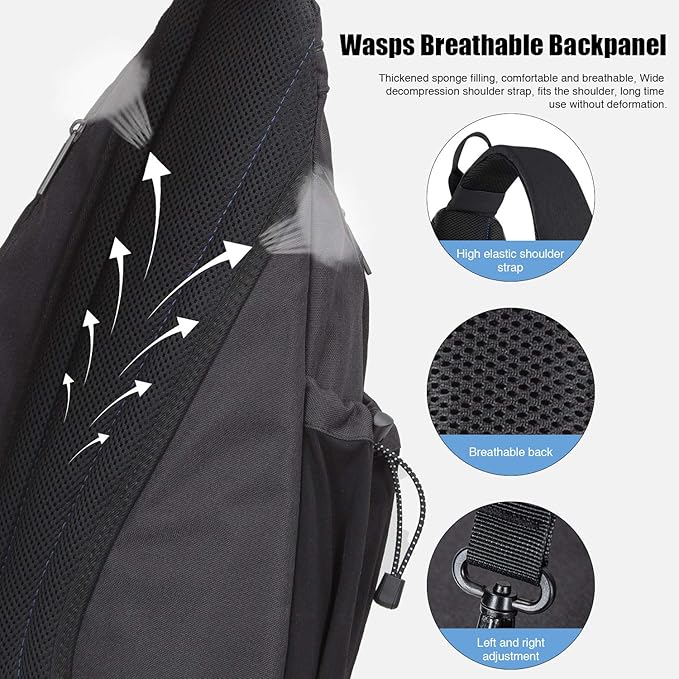 mixi Sling Bag Men Backpack Unisex One Shoulder Bag Hiking Travel Backpack Crossbody with USB Port for Men Women Versatile Casual Daypack-20 inch,Black