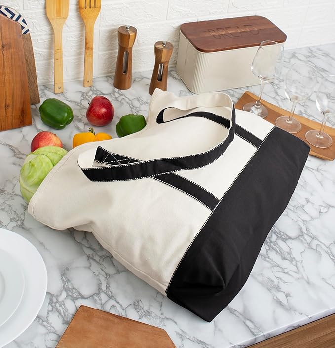 Cotton Canvas Tote Bag with an External Pocket & Top-Zipper Closure For - Gym, Beach, DIY, Work, Travel, Shopping