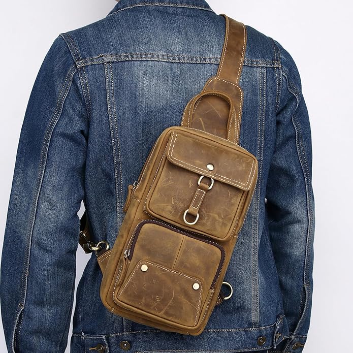 Genuine Leather Sling Bag for Men Women Backpack Chest Shoulder Satchel Crossbody Bags Casual Outdoor Daypack