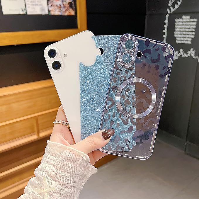 for iPhone 16 Case Magnetic,Soft Cute Luxury Leopard Cheetah Pattern Plating Glitter Bling Phone Case Compatible with MagSafe Clear Shockproof Back Cover for Women Girl 6.1"-Blue