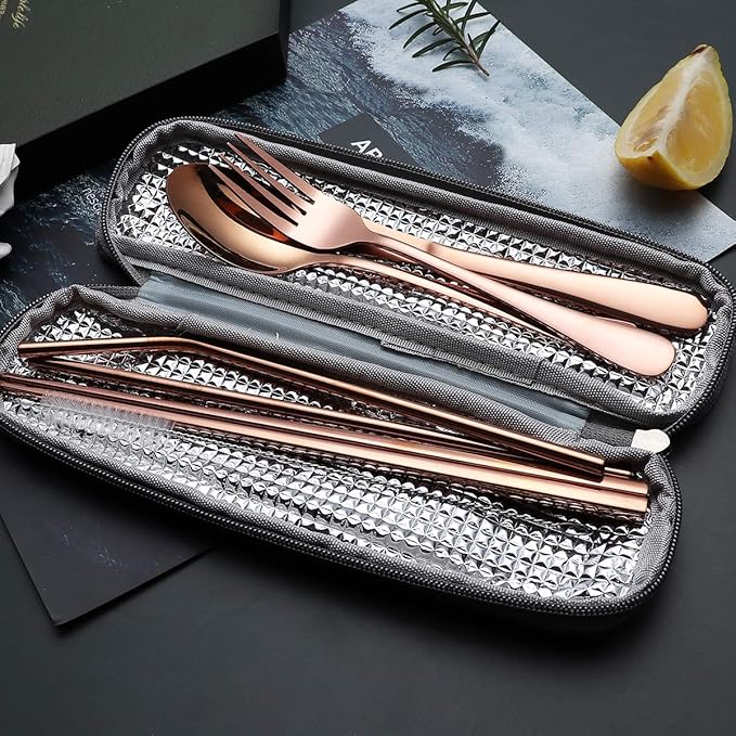 Portable Stainless Steel Flatware Set, Travel Camping Cutlery Set, Portable Utensil Travel Silverware Dinnerware Set with a Waterproof Case (Rose God)