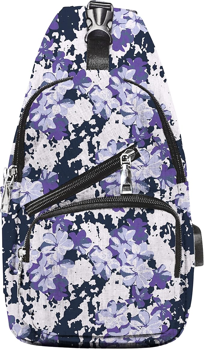 Anti-Theft Daypack Crossbody Sling Backpack, USB Charging Connector Port, Lightweight Day Pack for Travel, Hiking, Everyday, Regular, Purple Floral