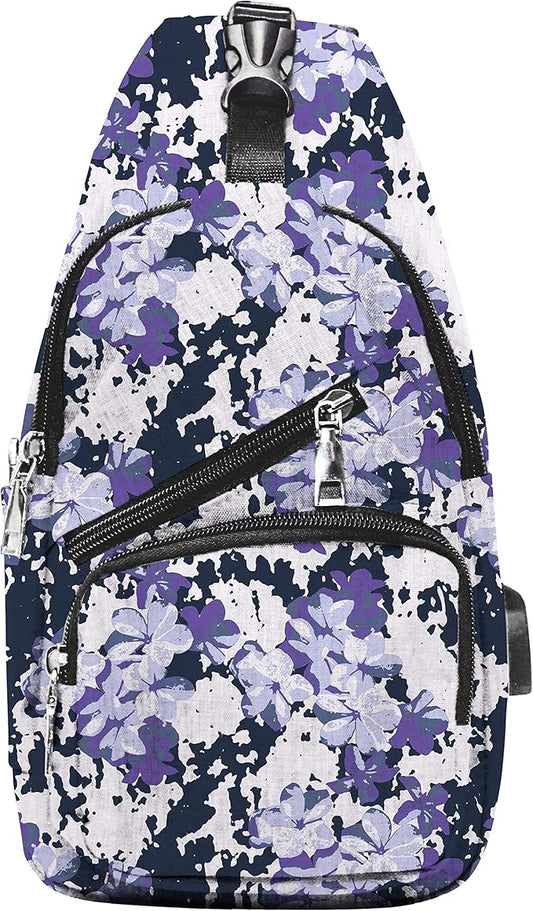 Anti-Theft Daypack Crossbody Sling Backpack, USB Charging Connector Port, Lightweight Day Pack for Travel, Hiking, Everyday, Regular, Purple Floral