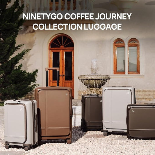 NINETYGO Medium Checked Luggage 25 Inch, Flat Top Opening Checking In Luggage with Cup Holder, Expandable, Coffee-Infused PC Hard Shell, Eco-Friendly, TSA Lock, 360° Spinner Wheels (Latte)