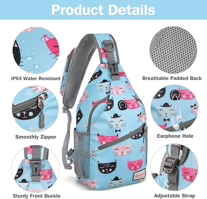 ZOMAKE Sling Bag,Small Crossbody Sling Backpack,Water Resistant Shoulder Daypack for Travel,Anti Thief Chest Bag for Hiking(Cat'S Head Light Blue)