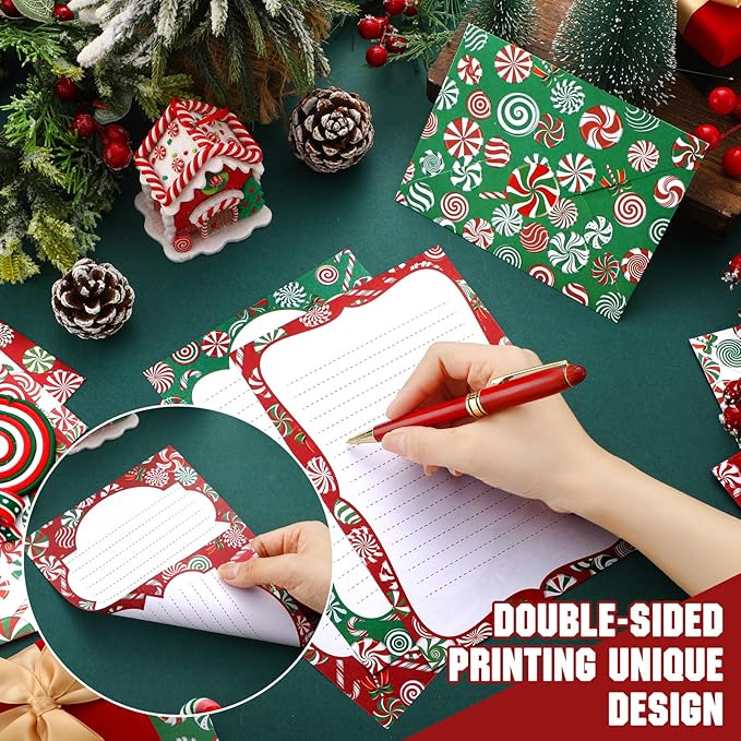TaoBary 160 Pcs Stationery Paper Set 50 Double Sided Stationery Papers with 50 Matching Envelopes and 60 Round Dot Sticker, 10 Design(Christmas Candy,5.5 x 8.25 Inch)