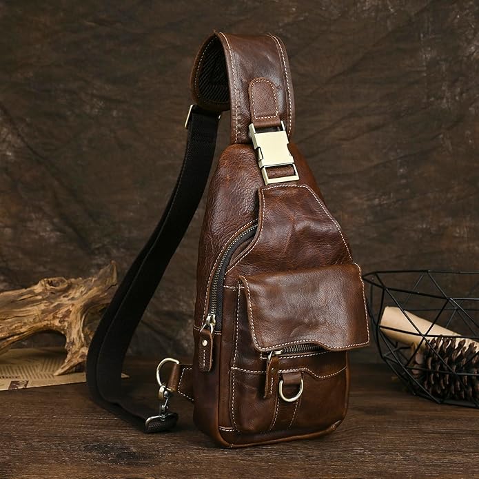 Genuine Leather Hiking Travel DayPack Sling Crossbody Triangle Chest Pack Bag For Men Women 8241