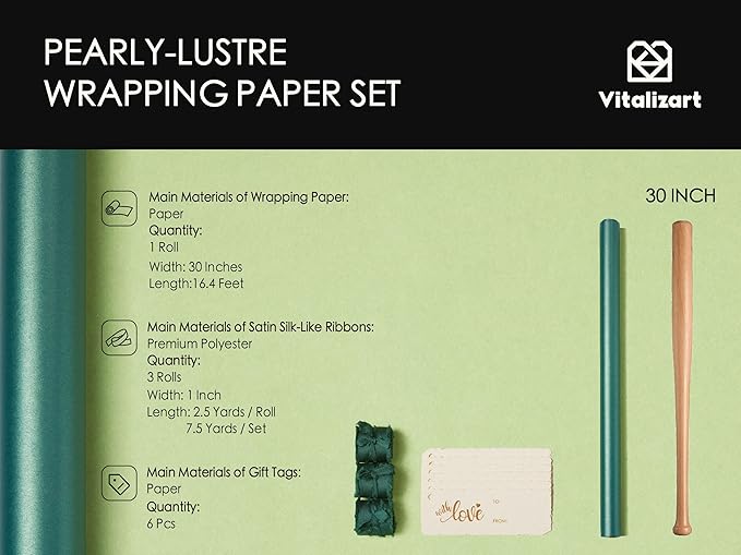 Vitalizart Green Wrapping Paper Set 30" Pearly-Lustre With Silk Like Satin Ribbon & Gift Tags Recyclable Eco-Friendly Christmas Gift Wrapping Birthday Baby Shower Wedding Handmade Crafts 197"(16.4 Ft)