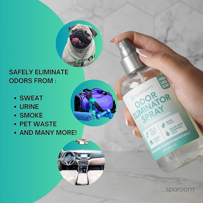 SpaRoom Odor Eliminator Spray – Home Freshener for Strong Smells, Smoke and Pet Neutralizer, Bathroom and Car Deodorizer with Plant-Based Ingredients, 8oz Zero-Residue Linen Formula