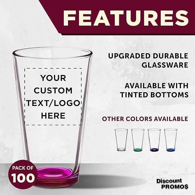Custom Arc Pint Glass 16 oz. Set of 100, Personalized Bulk Pack - Beer Glasses, Heavy Duty Drinkware - Pink
