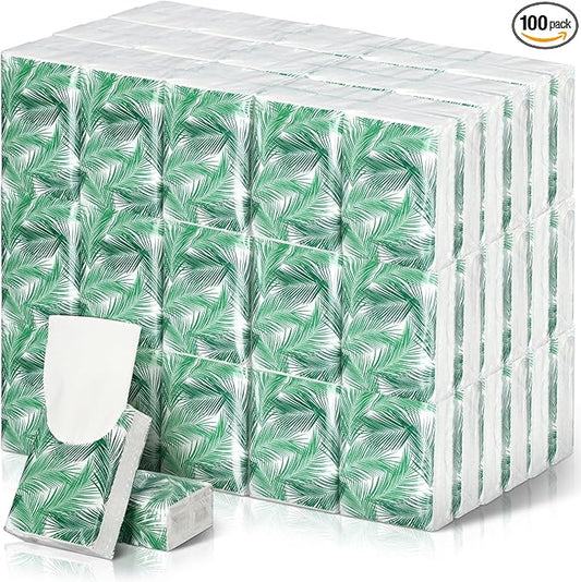 Therwen 100 Pack Pocket Tissues Travel Packs Bulk 1000 Sheet Mini Tissues Bulk 3 Ply Small Travel Size Paper Individual Pocket Size (Palm Theme)