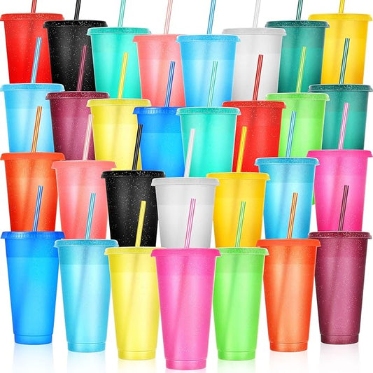 Honeydak 30 Pack Tumbler with Straw and Lid Bulk Glitter Plastic Cups Water Bottle Iced Coffee Travel Mug Reusable Party Favor Cups for Birthdays travel 24-27 oz (Multicolor)