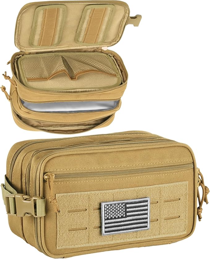 DBTAC Tactical Toiletry Bag w/Electronic Organizer Compartment | Dry/Wet Separate Hygiene Bag, Expanded Travel Dopp Kit Shaving Kit Travel shower Bag for Men (Tan)