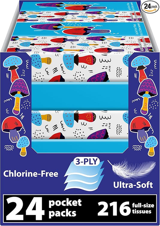 Funwares White Facial Travel Tissue Packs, Non-Bleach, Chlorine-Free, Compact Pocket Tissues for Car, Purse, School, Work, On-the-Go Tissue Packs, Mushroom Design, 24 Packs, 216 Tissues, 3-Ply Sheets