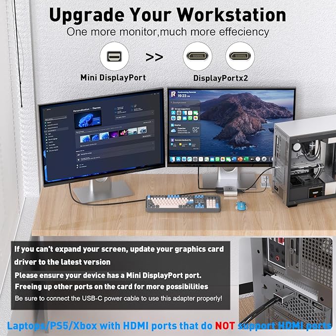 Mini DisplayPort to Dual DisplayPort Adapter | 4K 60Hz High-Speed Thunderbolt 2 (DP) Male to 2 DP Female Splitter Extended Display Adapter, for MacBook Air/Pro, Mac mini, Surface Pro/Dock