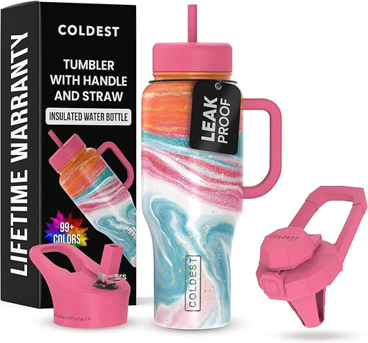 Coldest Tumbler with Handle and Straw - 100% Leak Proof Insulated Tumbler with Lid and Straw (3 Lids) - Stainless Steel Tumblers for Women & Men - Cup Holder Friendly Base, 36 oz (Amethyst)