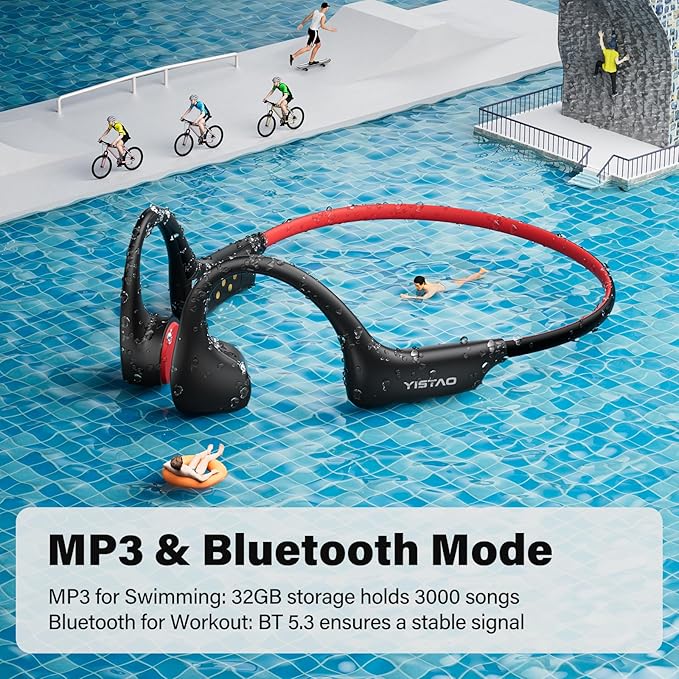 Bone Conduction Headphones, Open Ear Headphones Wireless Earphones, 32GB MP3, 8 Hours Playtime, Bluetooth 5.3, IP68 Waterproof Earphones for Running and Fitness Workout - Red