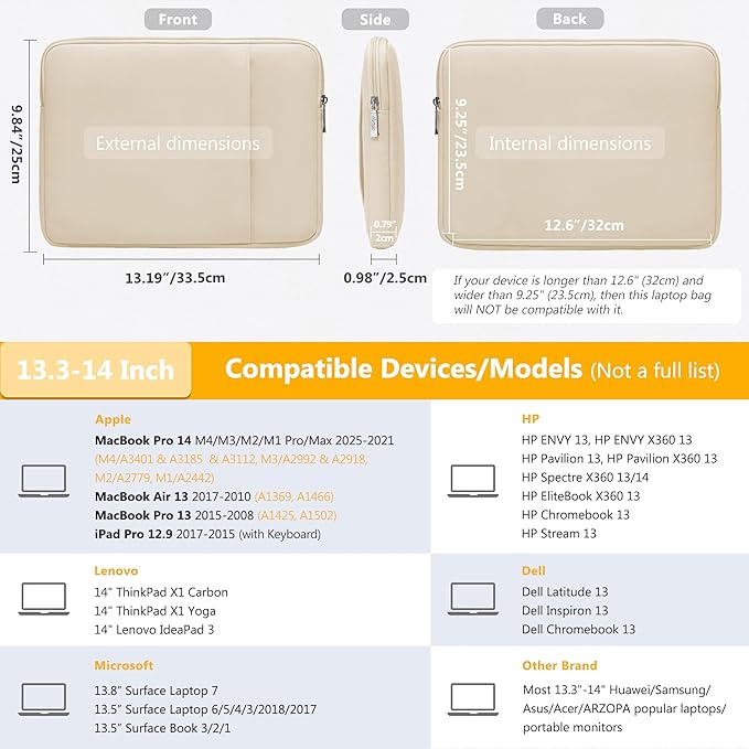 HYZUO 13.3-14 Inch Laptop Sleeve Bag Set for MacBook Pro 14 M4/M3/M2/M1, MacBook Air/Pro 13.3, 13.5"/13.8" Surface Book/Laptop, Notebook Case for 13.3" HP Dell Lenovo Asus Acer, Sand