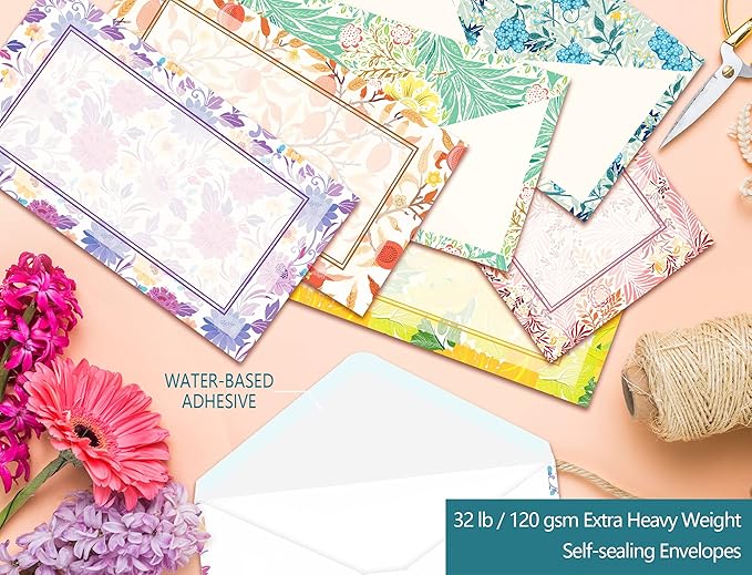 72 Pieces Stationery Set (48 Sheets paper & 24 Pcs Envelopes) 8.5 x 11 In, Vintage Morris Floral Thick Writing Stationary, Both Sides Lined, Girls Kids Birthday Party Invitations Gift Love Letter