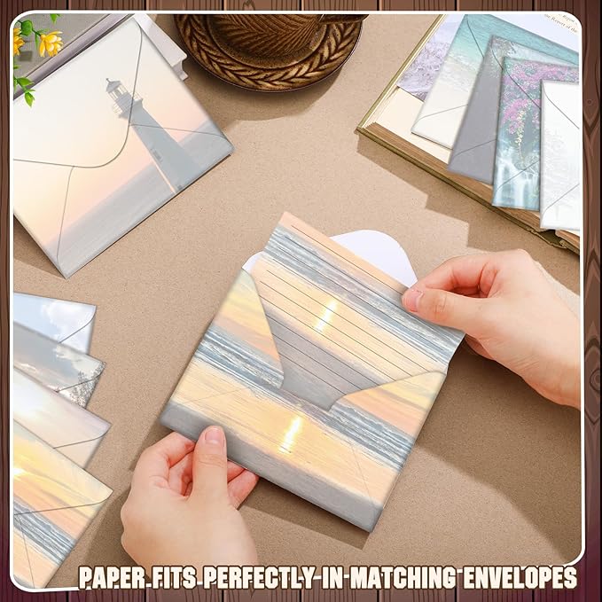 TaoBary 160 Pcs Stationery Paper Set 50 Double Sided Stationery Papers with 50 Matching Envelopes and 60 Round Dot Sticker, 10 Design(Scenic Nature,5.5 x 8.25 Inch)