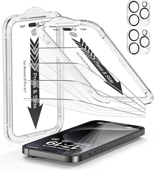 EZ-GLAZ- 4 Pack for iPhone 15 Pro Screen Protector [6.1"] With 2 Pack Camera Lens Protector, 9H+ Hardness 12FT Military Grade Shatterproof Scratch Resistant Durable Tempered Glass Film with Flawless Fit Kit, HD Clear
