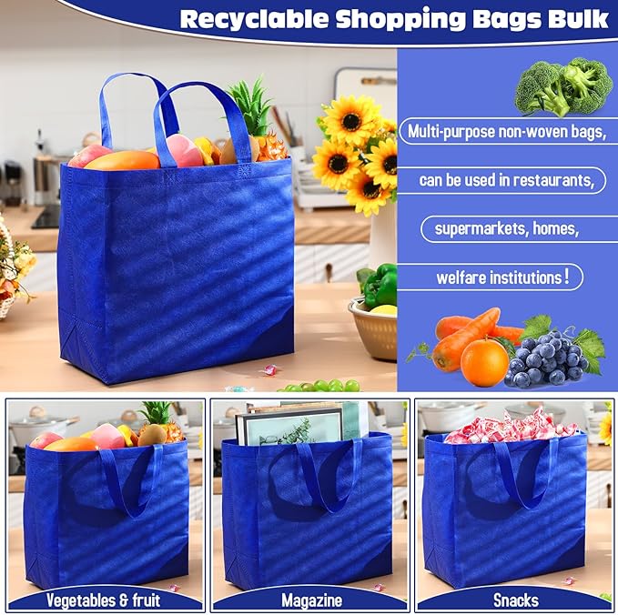 Windyun Reusable Grocery Bags Large Non Woven Shopping Bags with Handles Foldable Portable Tote Bulk, 16x6x12 Inch