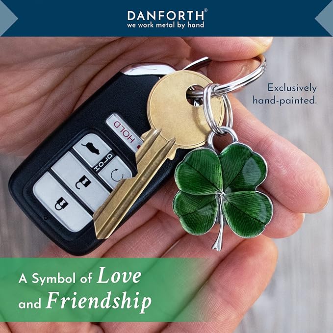 DANFORTH Four Leaf Clover Keychain (Green) | Pewter | Durable, Handcrafted Pewter Lucky Charm | St. Patricks Day Accessories | 1 ½” Tall x 1 ¼” Wide | Made in the USA