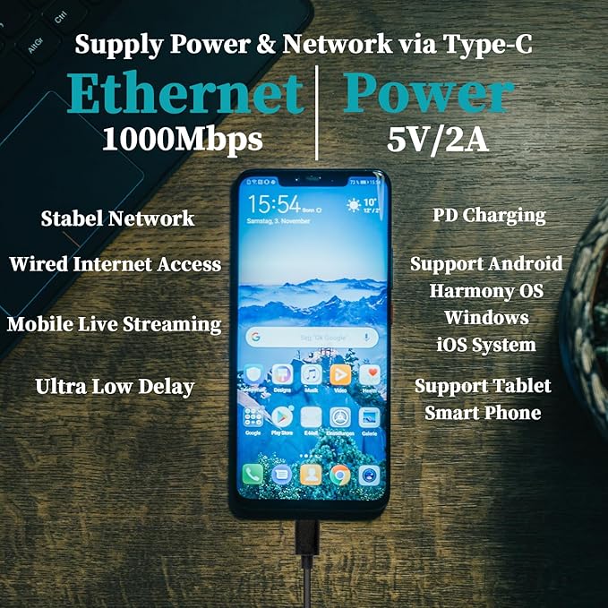 10W Gigabit PoE to USB-C Driver Converter, PoE to Type-C Power Output with Ethernet Adapter, 5V/2A Output, IEEE802.3af, Wired Broadband and PD Charging for Phone/Tablet (GP2C5V)