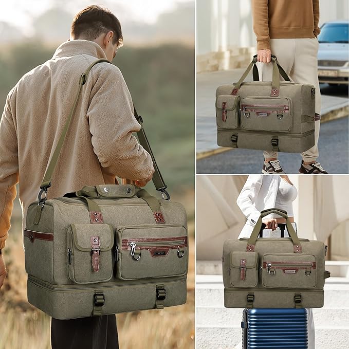 WITZMAN Canvas Weekender Bag Mens Overnight Bag for Traveling Carry on Duffle Bags with Shoes Compartment(A8010 Army Green)