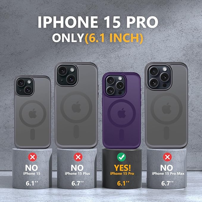 MOCCA Strong Magnetic for iPhone 15 Pro Case, [Compatible with Magsafe][13FT Military Drop Protection] Slim Translucent Matte Shockproof Case for iPhone 15 Pro Phone Case 6.1'', Deep Purple