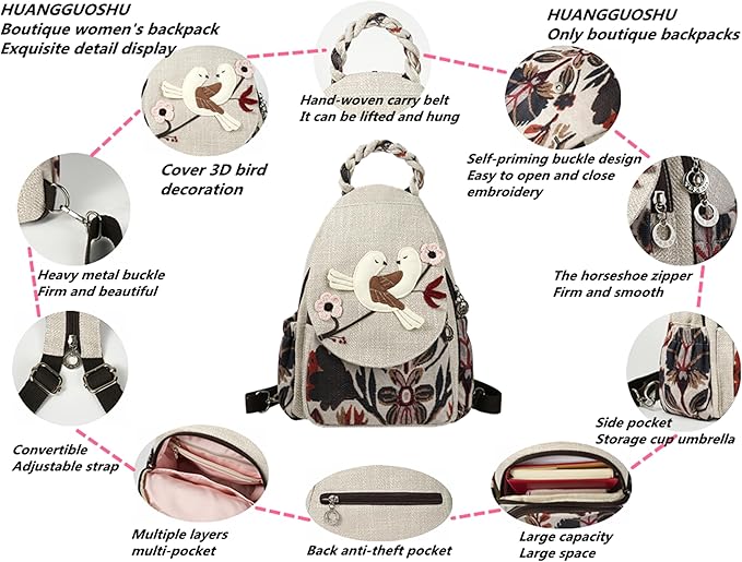 HUANGGUOSHU Boho Chic Knit Backpack - Handcrafted, Soft Fabric, Multi-pocket, Secure Zipper Pockets, Ideal Gift for Girls, Moms, and Students - Perfect Travel and School Bag-Bird Backpack