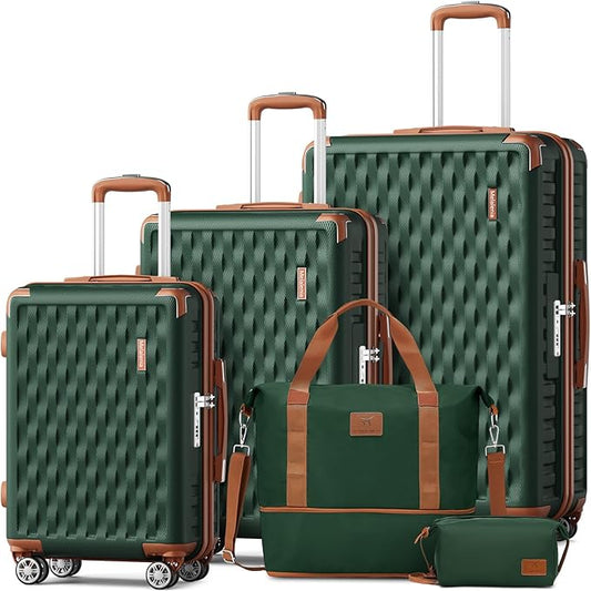 Melalenia Luggage Sets 5 Piece with Duffel Bag, Hard Shell Carry on Suitcase with Spinner Wheels and TSA Lock, Travel Lightweight Luggage Set for Women, Green Brown