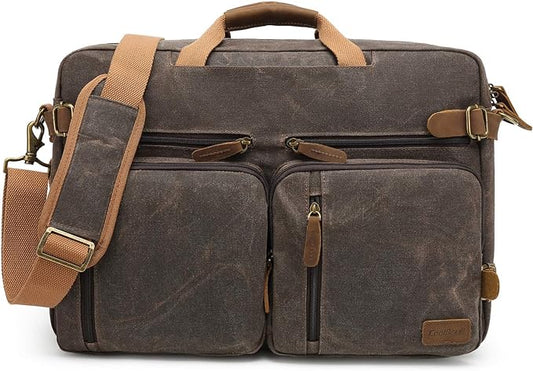 Laptop Messenger Bag Vintage Shoulder Bag Convertible Backpack Retro Briefcase Versatile Travel Bag Fits 17.3 Inch Laptop For Men Business (Waxed Canvas Brown)