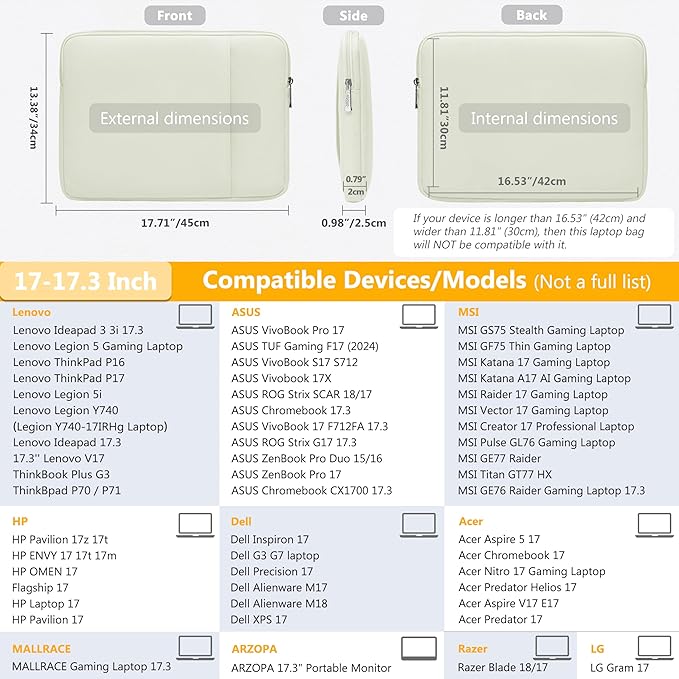 HYZUO 17-17.3 Laptop Sleeve Bag Set for 17" 17.3" HP/Lenovo/Dell/ASUS/LG/Toshiba/MSI Gaming Laptop/Razer Blade 17/18, Notebook Protective Case for Men Women, Beige