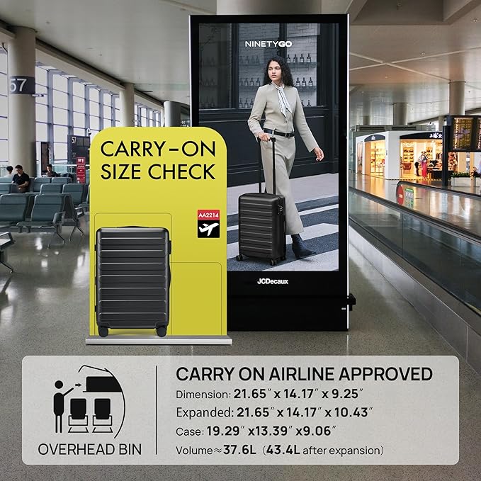 NINETYGO Carry On Luggage 22x14x9 Airline Approved, 20 Inch Luggage with Smooth Spinner Wheels, Expandable, Hard Shell PC Suitcase, Lightweight Travel Luggage, TSA Approved (Black, Rhine Max)