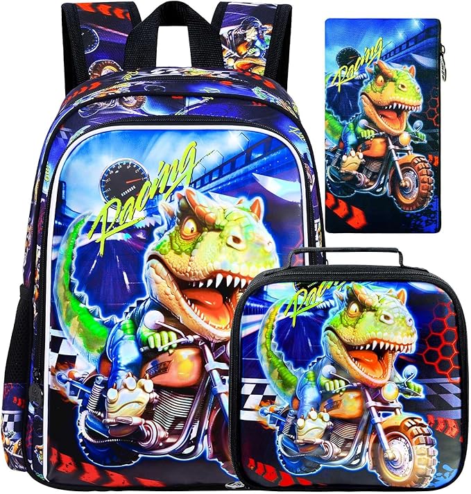 CCJPX 3PCS Dinosaur Backpack for Boys, 16 Inch Kids Water Resistant Preschool Bookbags with Lunch Box, Cool School Bag for Kindergarten Toddler