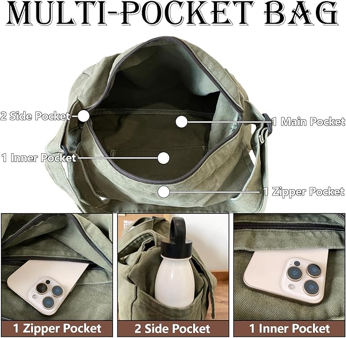 Canvas Messenger Bag Large Satchel Bag Travel Hobo Bag Casual Tote Shoulder Bag for Women and Men