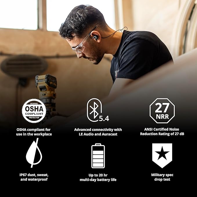 ISOtunes PRO 3.0 Bluetooth Hearing Protection - OSHA Approved Earbuds with 20 Hour Battery Life, Bluetooth Ear Protection with 27 dB Noise Reduction (NRR) Earplug Headphones - Durable Work Earbuds