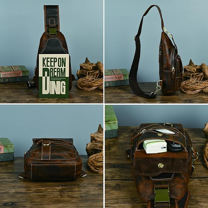 Genuine Leather Hiking Travel DayPack Sling Crossbody Triangle Chest Pack Bag For Men Women 8241