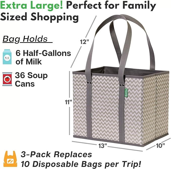 Reusable Grocery Bags (3 Pack) – Heavy Duty Reusable Shopping Bags with Box Shape to Stand Up and Stay Open – Large Tote Bags with Long Handles & Reinforced Bottom – Foldable Utility Bag – Chevron