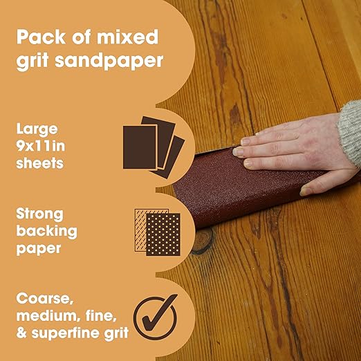 Furniture Clinic Pack of 10 Sandpaper Sheets for Wood, Walls, Metal and Furniture - for Hand, Sanding Block or Sander Use - 2 x Coarse, 4 x Medium, 4 x Fine Grades (P40, P80, P120, P240)