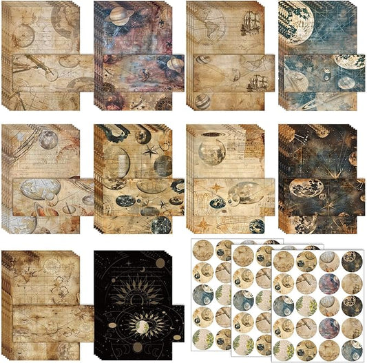 TaoBary 160 Pcs Stationery Paper Set 50 Double Sided Stationery Papers with 50 Matching Envelopes and 60 Round Dot Sticker, 10 Design(Space Moon Celestial,8.5 x 11 Inch)